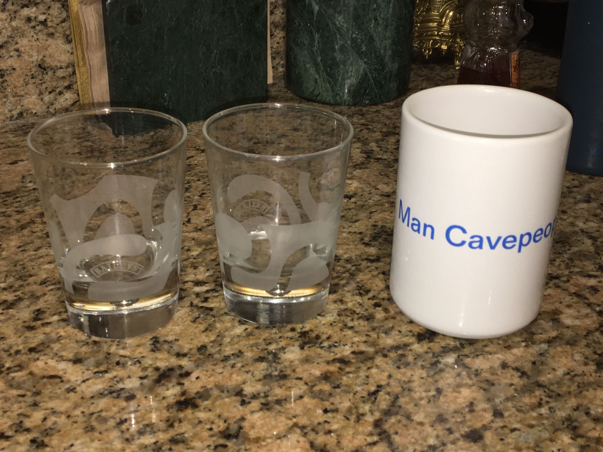 Man Cave mug and a set of two Baileys glasses