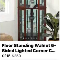 Floor Standing Walnut 5-Sided Lighted Corner Curio Cabinet