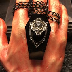Coffin & Bat Pendant Necklace  Dracula Horror  Vampire 