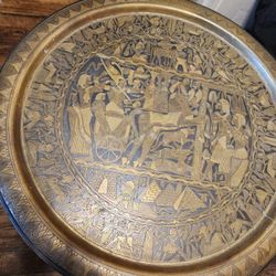 Egyptian Polychromed Brass Folding Tray Table And Plates 1950's