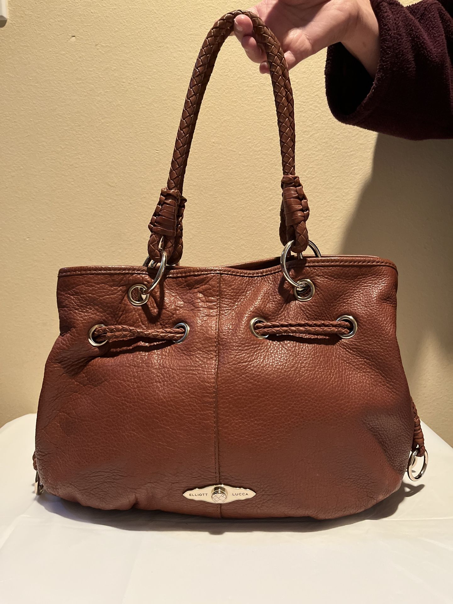 Elliott Lucca brown pebbled leather hobo bucket drawstring shoulder handbag
