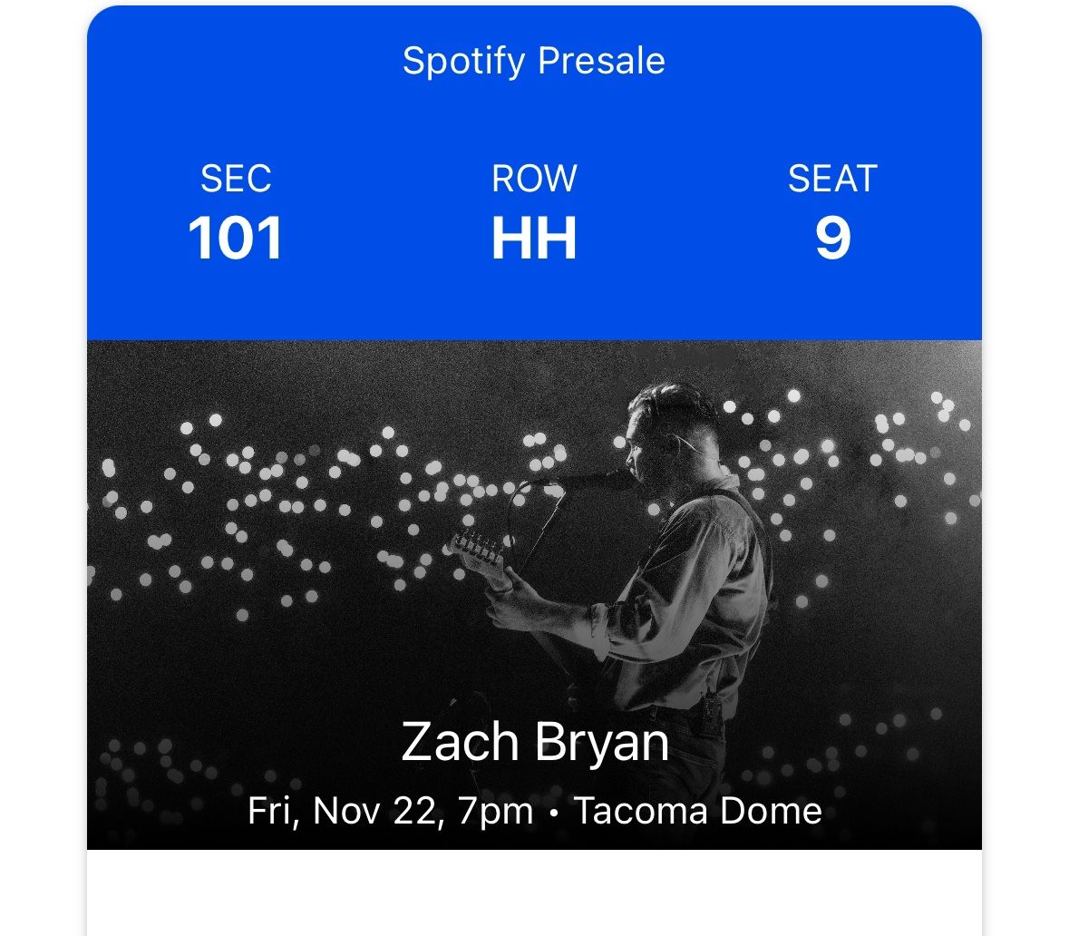 Selling 1 ticket to Zach Bryan: Nov 22 Sec 101/Row HH/ Seat 9