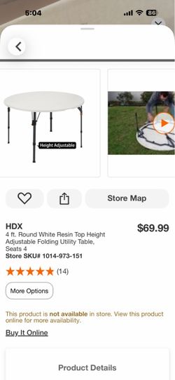 HDX 4 ft. Round White Resin Top Height Adjustable Folding Utility Table, Seats 4