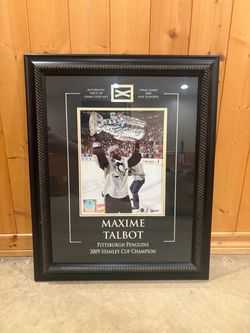 Maxime Talbot Signed Framed Photo 2009 Stanley Cup with Piece of Game-Used Net