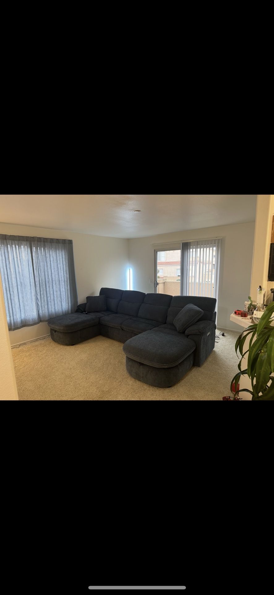 Large Blue Sectional With 2 Recliners & Storage