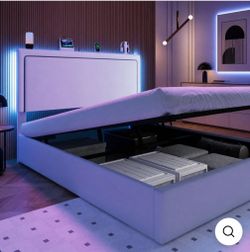 Full Size Lift Up Storage Bed Frame with LED Lights & Charging Station, Velvet Upholstered Platform Bed with Adjustable Headboard