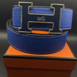 Hermes Blue Leather Reversible Belt 