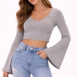 SHEIN Gray Long Sleeve Crop Top | Flare Sleeve | Size L 8/10