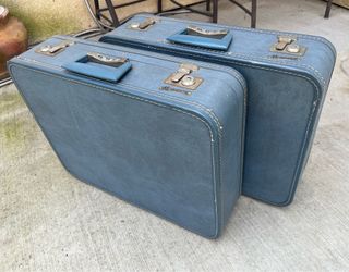 Pair of Vintage Monarch Blue Luggage Travel Suitcases w/ Keys