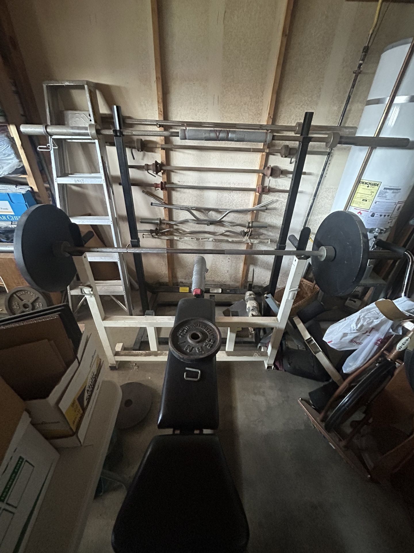 Bench Press, Dumbbells, Steel Plates, Universal Gym, Punching Bag, Squat Rack, 50lb Bars, 40lb Bars, Ez Curl Bars, Weight Belts, Straight Bars