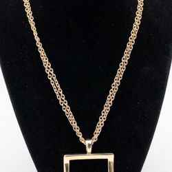 2 Strand Gold Tone Chain LARGE Wavy Framed Pendant Necklace