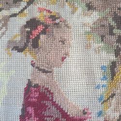 Vtg Needlepoint Canvas Art  #326.J.H.Fragonard Cipher of Love Woman Engraving completed