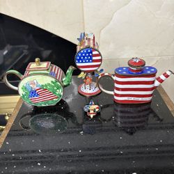 Set of 3 Kelvin Chen Enameled Copper Miniature Teapots Patriotic American Designs