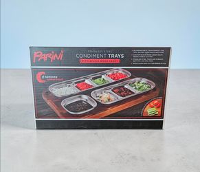 Parini Stainless Steel Condiment Trays with Acacia Wood Caddy