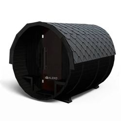 SB6CEDBLK Aster Barrel Outdoor Sauna with Porch – 3-5 People