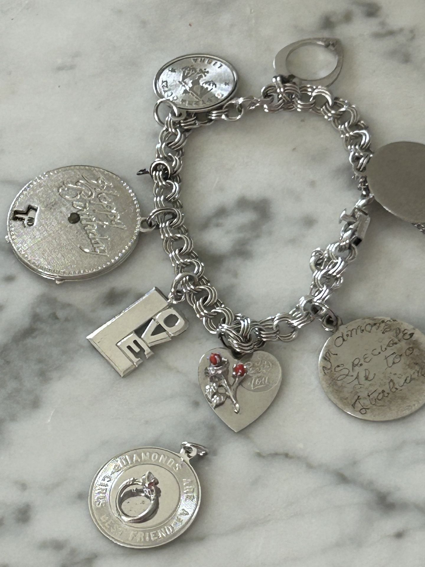 Vintage 1970's Triple Link Sterling Silver Bracelet Jewelry Retro 925 Loaded with 8 Charms Engraved Libra Sign Birthday Collectible Retro Mid Century