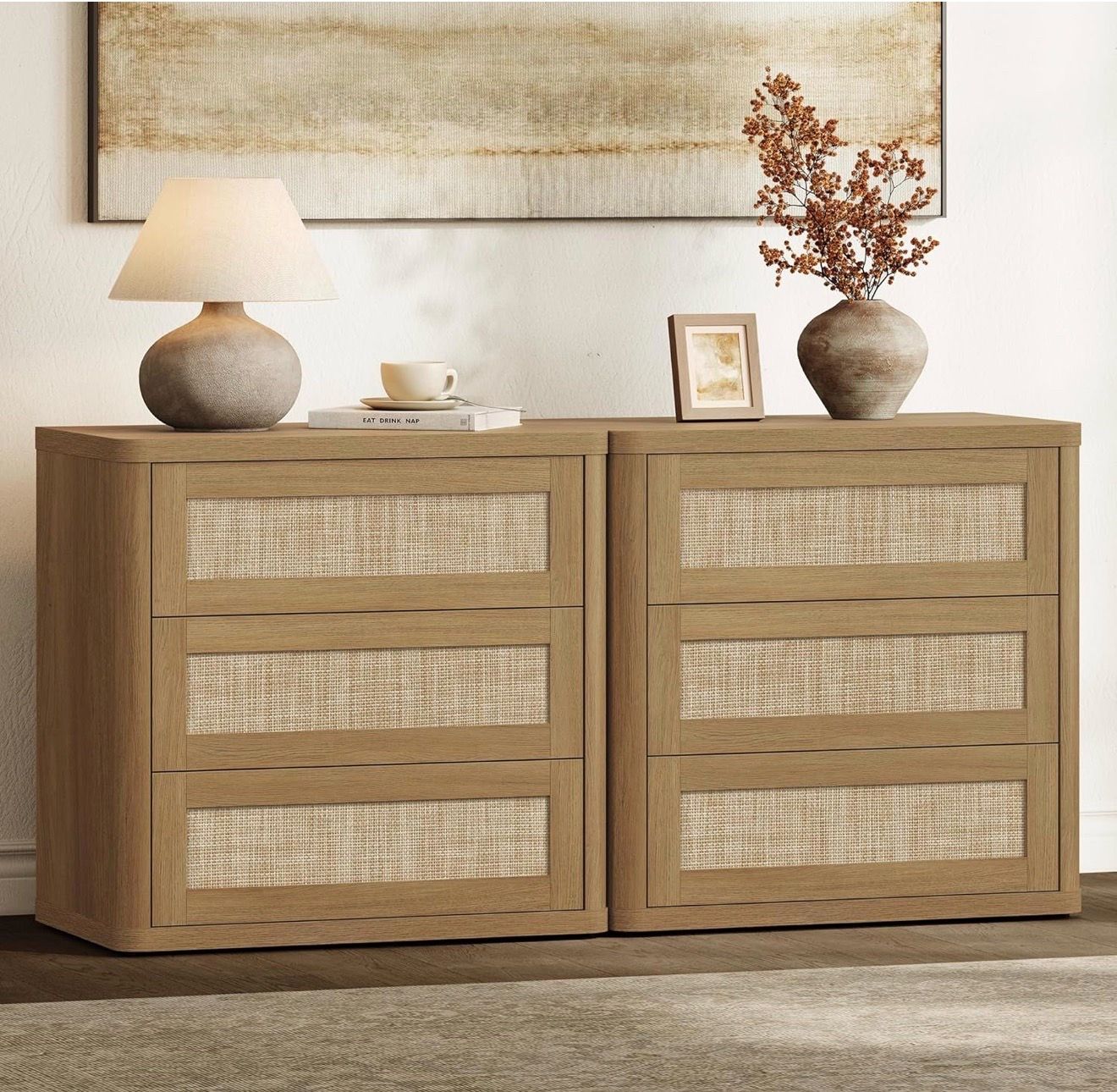 SICOTAS 26.8” Oversized Rattan Nightstand Set of 2 – 3-Drawer Bedside Tables for King/Queen Beds, Kid-Safe Rounded Corners & Push-to-Open, Large Boho