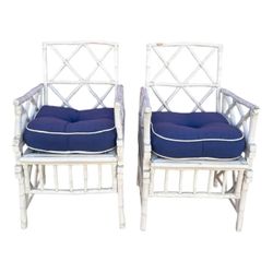 Pair of white Faux Bamboo chipper Armchairs with blue