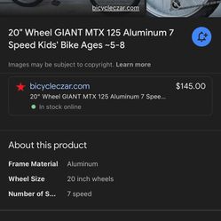 20" Wheel GIANT MTX 125 Aluminum 7 Speed Kids' Bike Ages ~5-8