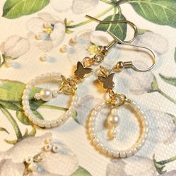 Butterfly Pearl Hoop Earrings 