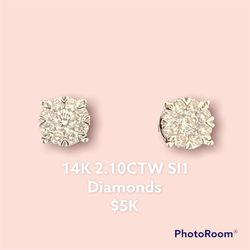BEAUTIFUL 2.10 SI1 DIAMONDS ON 14K WHITE GOLD EARRINGS!