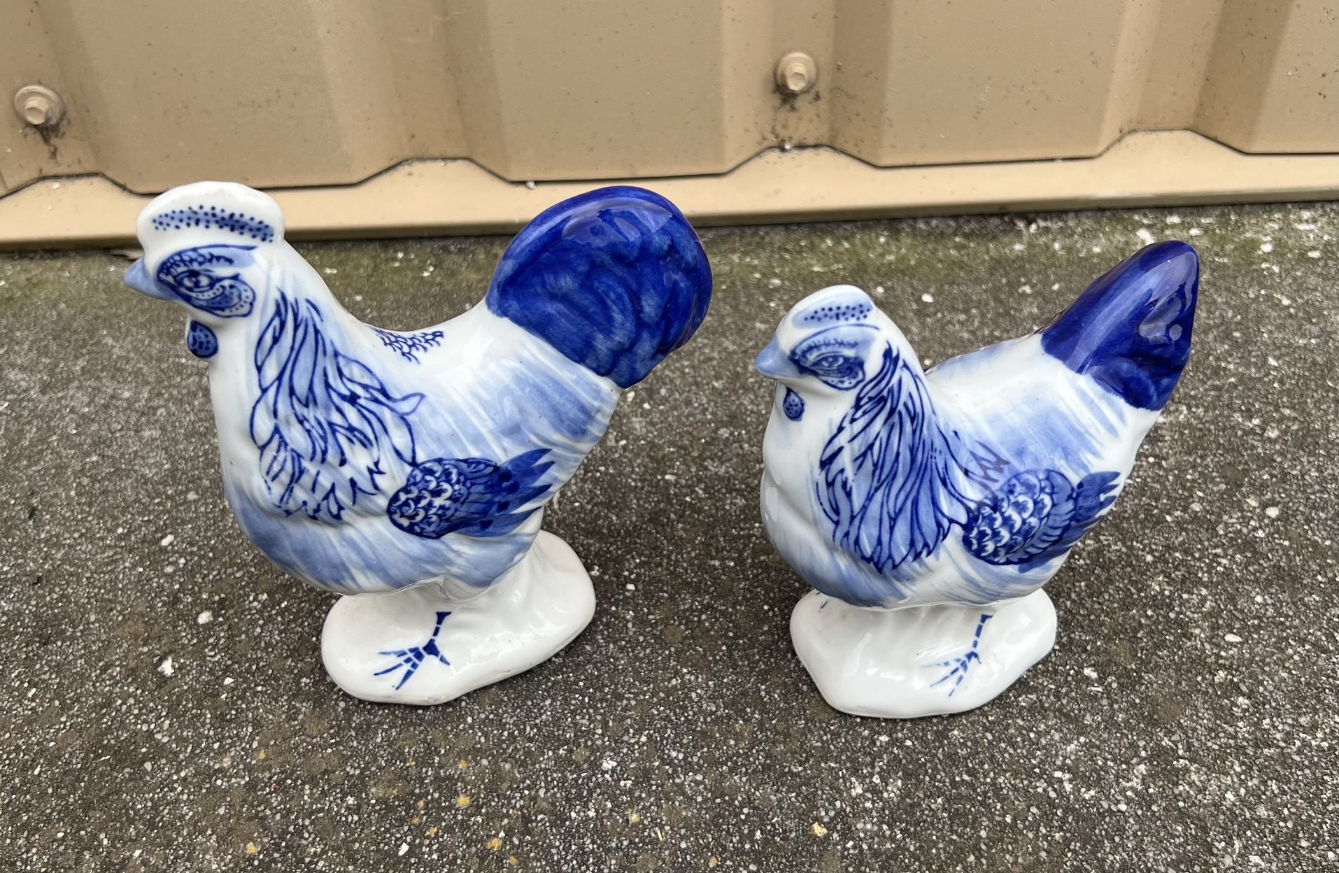 Blue And White Ceramic Rooster And Hen Figurines 