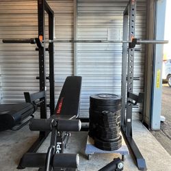 Home Gym Bumper Plates 380lbs Olympic Weights 2 Olympic Barbells Squat Rack Weight Bench Etc.