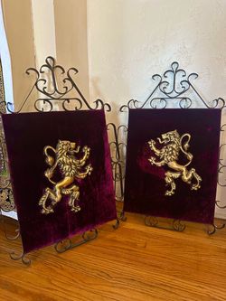Pair of Heraldic Lion Velvet Wall Plaques