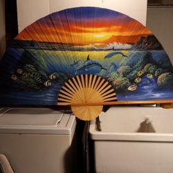 Wall Fan Painted On Silk 5feet Wide.