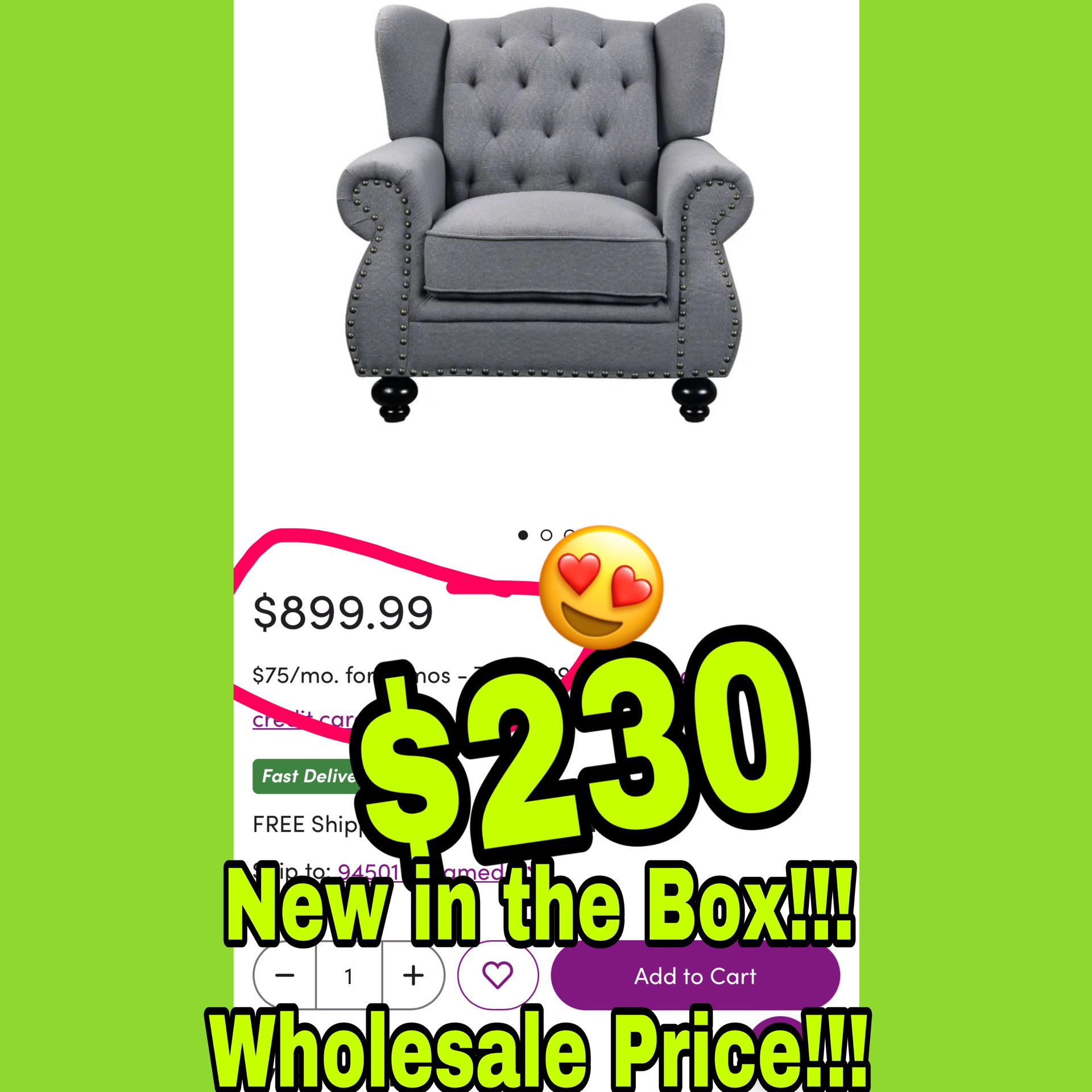 Beautiful New Tufted Wingback Chair Only $230!!! Original Price $900!!!