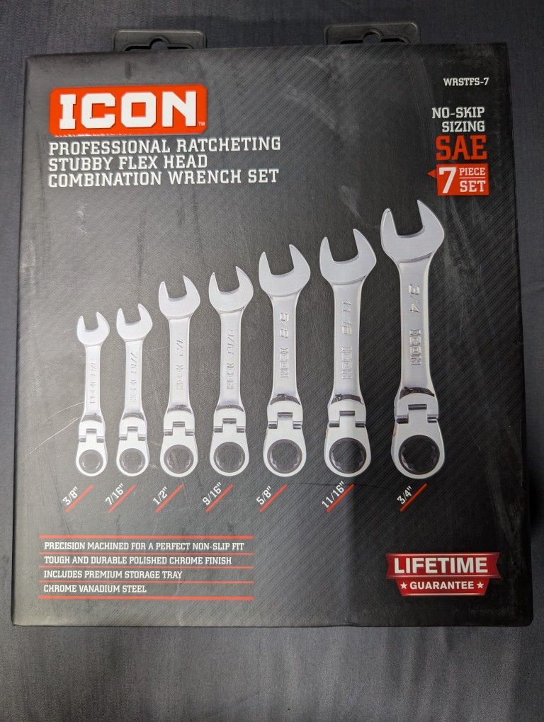 Icon Professional Reacting Stubby Flex Head Combination Wrench Set (Sae)