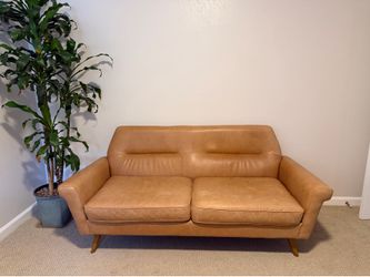 West Elm Genuine Leather Loveseat – Mid-Century Modern Camel Tan