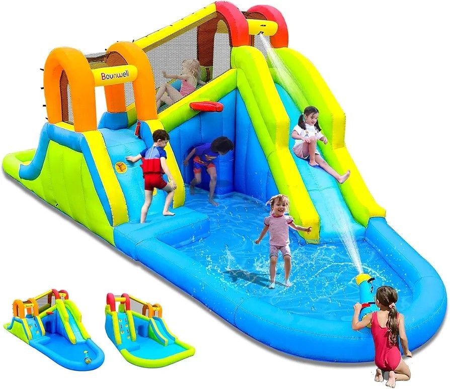 Bounwell Inflatable Water Slide with Air Blower, Water Park for Kids Backyard, Blow Up Water Slide with 2 Slide, 2 C