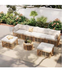 🔥Brand new🔥 7 Pieces Outdoor Wicker Conversation Set with Thick Cushions and Pillows for Poolside, Lawn, Patio Sectional Sofa Set with Round Coffee 