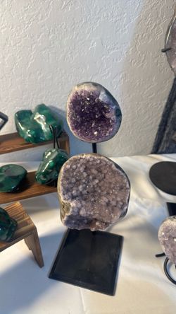 Double amethyst on stand