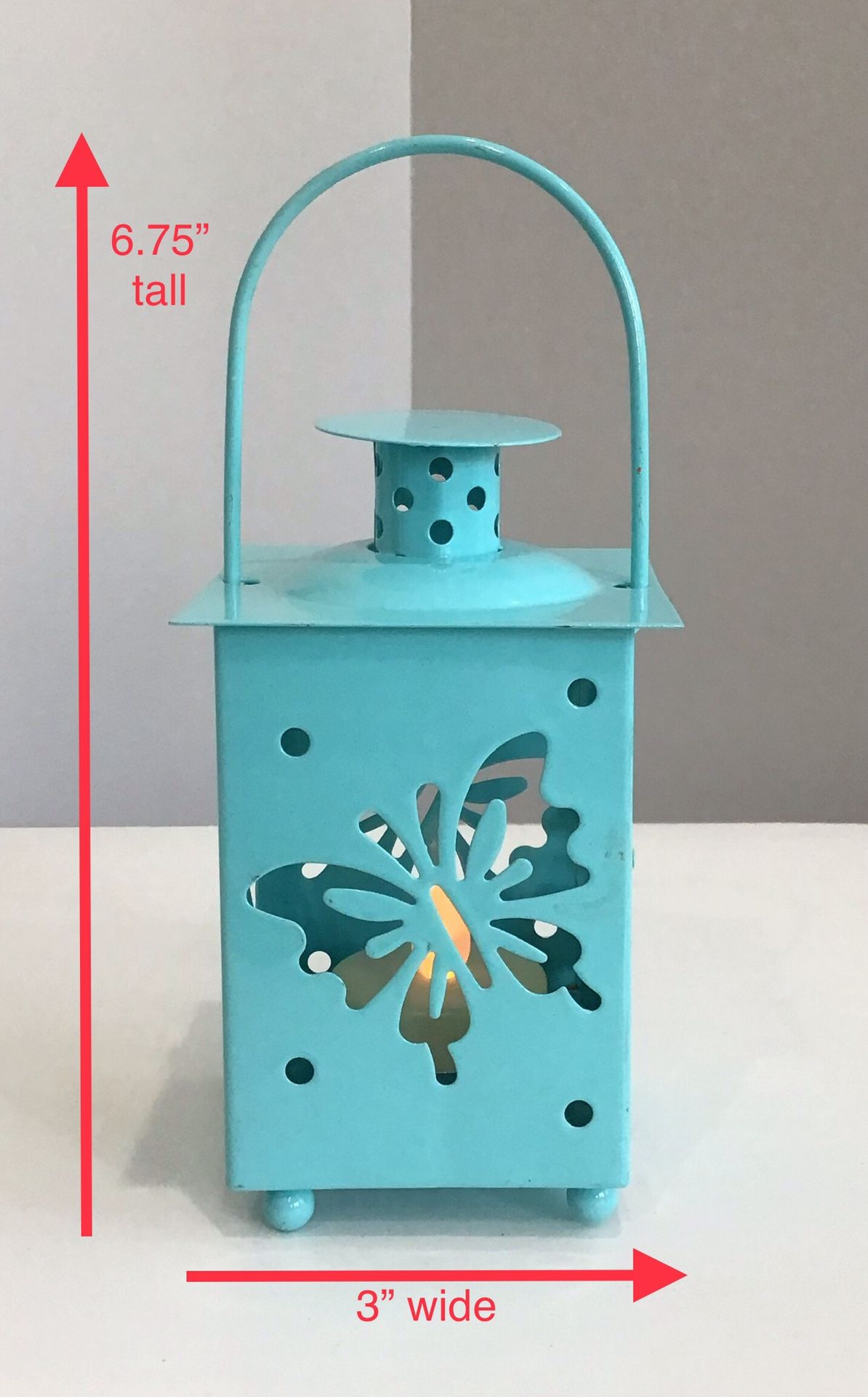 Small Turquoise Metal Hanging Tea Light Candleholder w/ Butterfly Cutouts