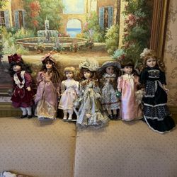 Vintage Porcelain Doll Collection – Seymour Mann, Brass Key – Victorian Dresses – Set of 7