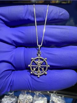 925 Solid Sterling Silver Anchor Wheel Pendant 1" Necklace 0.7mm 18" Box Chain 2.6 grams