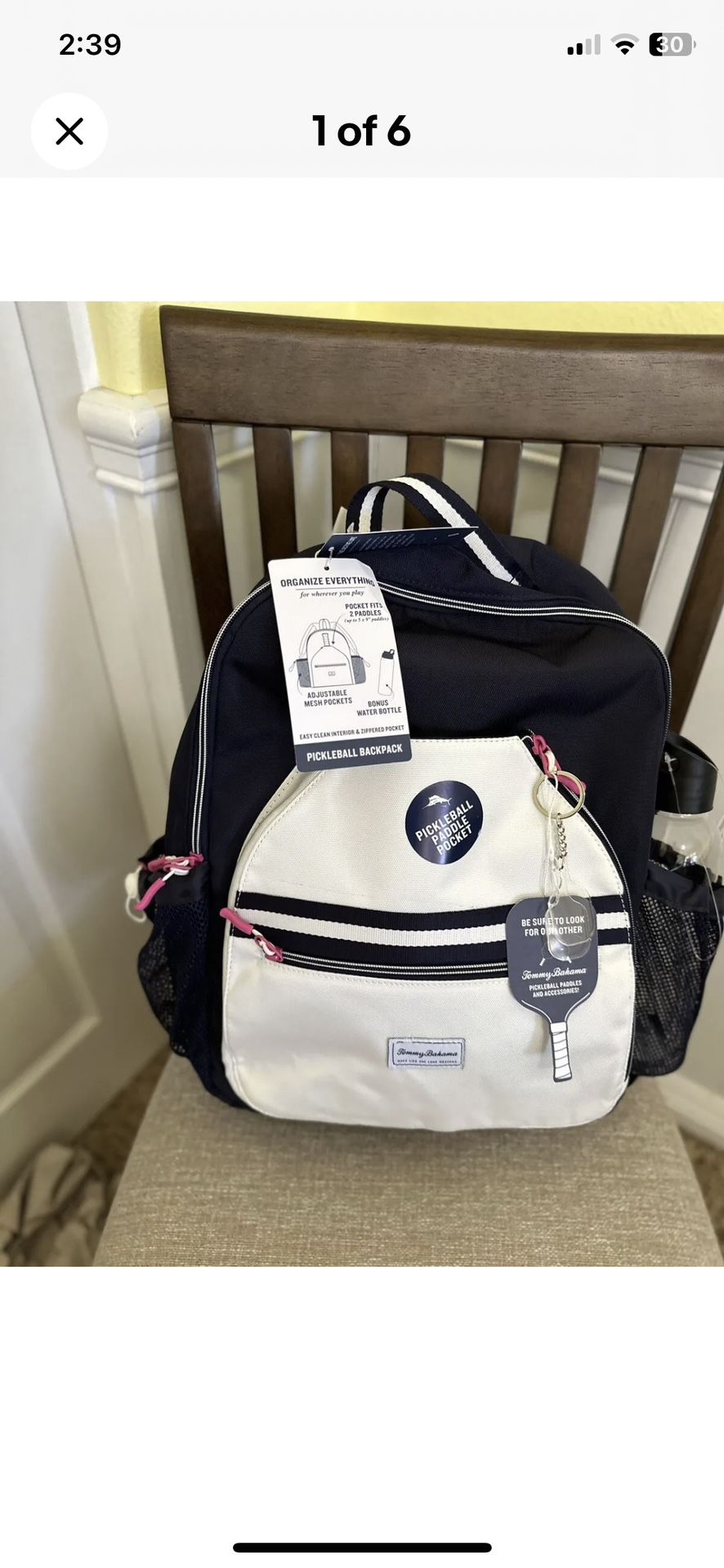 NWT! Tommy Bahama Pickleball Backpack Navy/White w/paddle keychain & water bottles