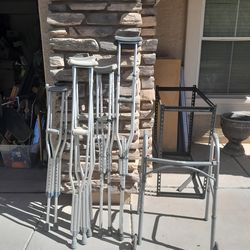 Foldable Walker With Seat And Hand Brakes $25, Pairs Of Crutches Adult Juniors $15-$17 pair,  Portable Toilet Bedside Commode $20 See All Photos