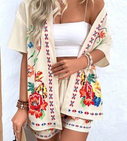 Floral Print Kimono and Shorts Set