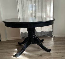 Round Black Pedestal Table with Leaf | Dining or Entryway Statement Piece