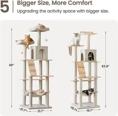 😀 MWPO Large Modern Cat Tree, 70.1-Inch Wood Cat Tower for Indoor Cats, Multi-Level Tall Cat Condo with 2 Padded Perches, Hammock, Scratching Posts