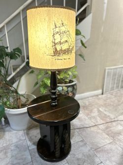 Mid - Century Nautical Ship Wheel Signed With Whaling Bark 1840 Shade Floor Lamp 52” H 22” Wide 