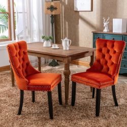 Set Of 2 Velvet Fabric Dining Chairs Luxury Tufted Back with Nailed Trim and Back Ring Pull Home