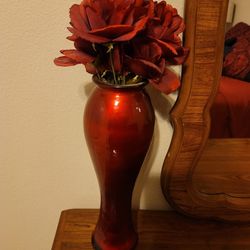 Red Vase With Faux Flowers 