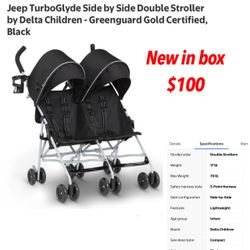 New in box Jeep TurboGlyde Side by Side Double Stroller black $100 firm cash only pick up east Palmdale