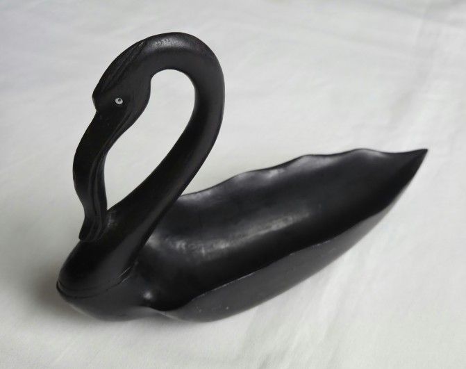 Vtg Handcarved Antique Wood Black Swan Trinket 8"X5.75" Stunning!