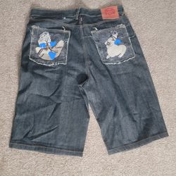 Red Monkey Company RMC Blue Denim Jeans Shorts Mens Martin Ksohoh Graphic Print Pin-Up Streetwear
