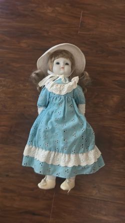 Vintage Victoria Ashlea Porcelain Doll in blue eyelet